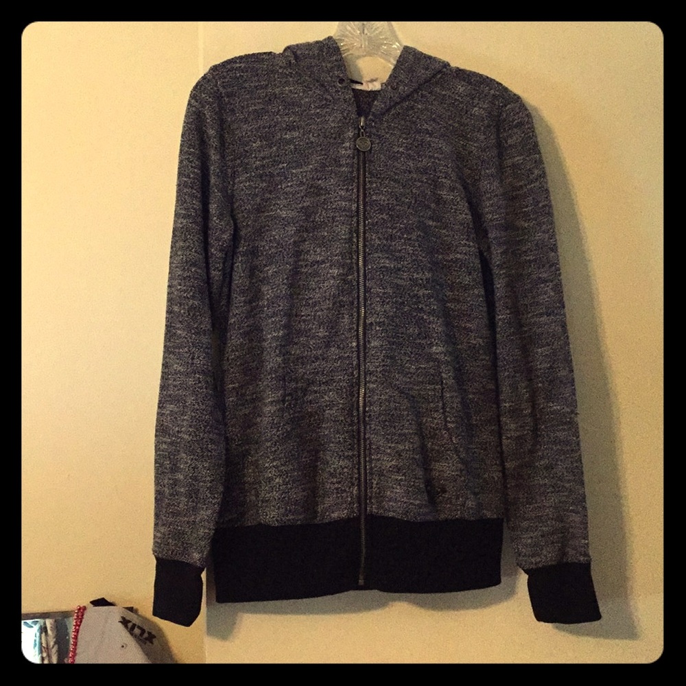 Black and white hooded zip up sweatshirt